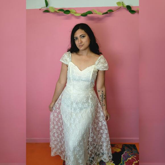 Vintage 1970's/1980's Jessica McClintock for Gunne Sax Lace Ivory Wedding Dress - Picture 1 of 10
